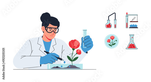 Female scientist in a lab coat and safety glasses meticulously studies a plant in a petri dish, conducting botanical research and genetic engineering experiments.