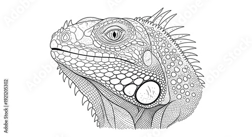 Detailed black and white line art illustration of an iguana head profile showing intricate scales and spiky crest for coloring or zoology.