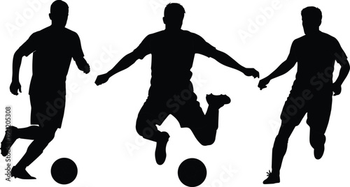 Football player silhouettes dribbling and jumping with ball, soccer athlete action poses isolated on white background vector