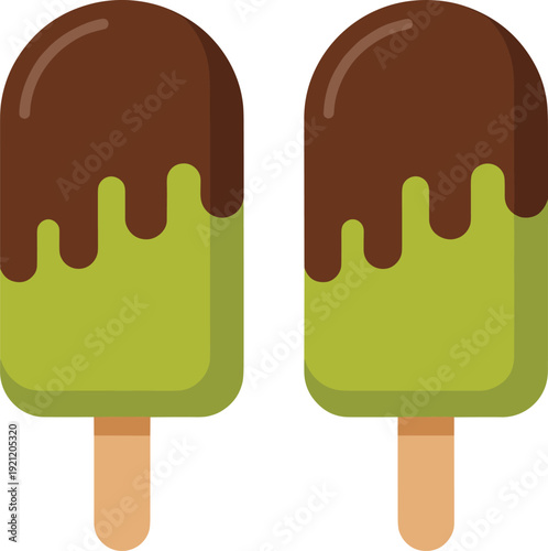 Chocolate covered green ice cream popsicles isolated on white background, sweet frozen dessert treat vector illustration for summer menu design