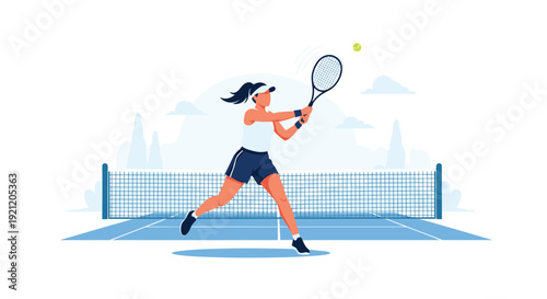 Dynamic vector illustration of a professional female tennis player in sportswear hitting a forehand during a match on a blue court.
