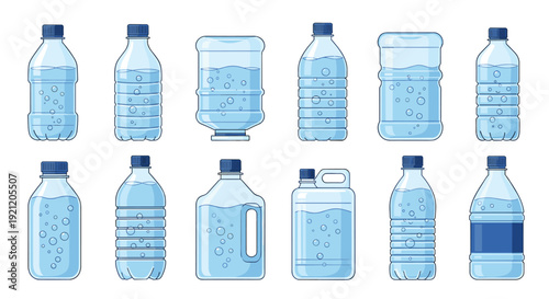 Collection of various plastic water bottles in different shapes and sizes, filled with clean drinking water and bubbles on a white background.