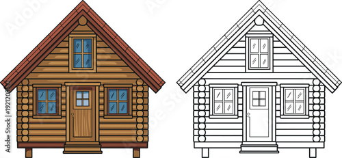 Rustic wooden log cabin house with colored and outline versions, traditional countryside cottage architecture vector illustration isolated on white background