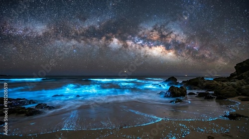 Glowing bioluminescent blue waves crashing on a sandy beach at night under the Milky Way