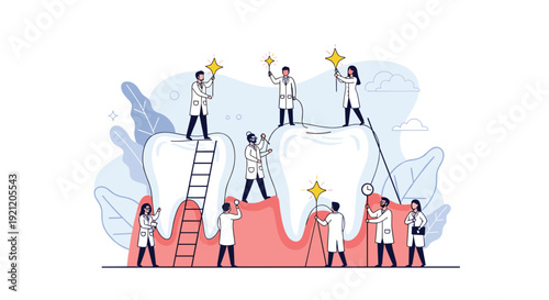 Team of miniature dentists in white coats working together to clean and restore large teeth, representing dental care and oral hygiene.