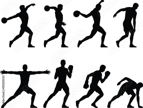 Silhouette collection of athletes training and competing, basketball player, boxer and sprinter in action poses, sport fitness vector illustration set
