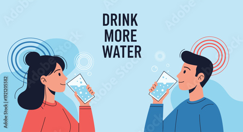Man and woman drinking glasses of pure water with text "Drink More Water," promoting hydration and a healthy lifestyle concept.