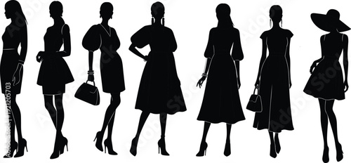 Elegant fashionable women silhouettes collection, stylish female models in dresses and high heels isolated on white background vector set