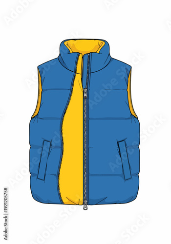 Technical vector fashion illustration of blue and yellow puffer down vest jacket apparel