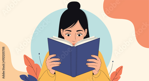 Illustration of an engrossed young woman with wide eyes reading a book, representing the joy of learning, literature, and education.