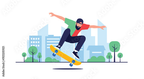 Young bearded man performing a skateboard trick mid-air in a city park with a modern urban skyline in the background.