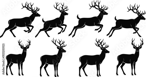 Deer stag silhouette set, running and standing buck with large antlers isolated on white background vector illustration