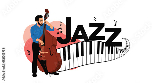 Jazz music concept illustration with a musician playing the double bass next to a large piano keyboard and floating musical notes.