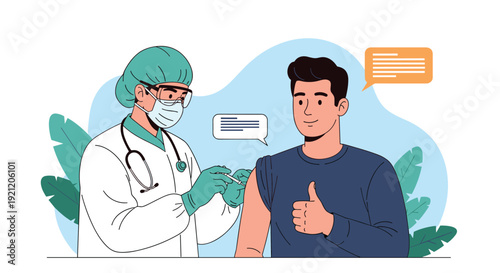 Doctor in protective gear vaccinating a male patient who gives a thumbs up, showing a positive experience with covid-19 immunization.