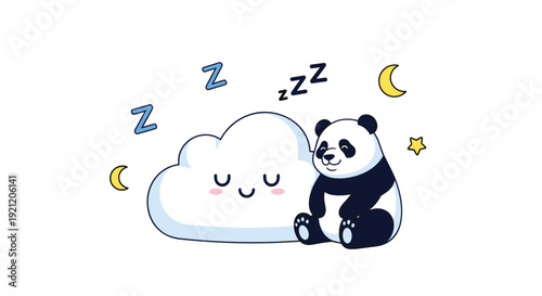 Cute cartoon panda sleeping peacefully next to a smiling cloud under the moon and stars, a sweet illustration for bedtime or dreams.