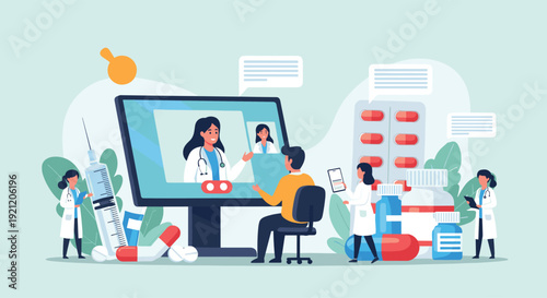 Telemedicine concept with a patient having an online video consultation with a doctor on a computer screen surrounded by medicine.