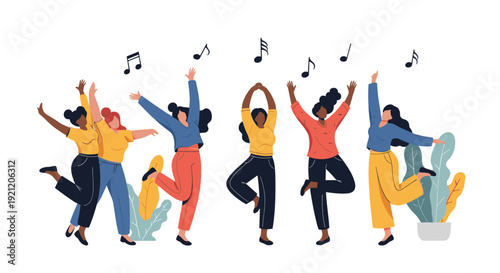 Group of happy and diverse women dancing together with joy and freedom, celebrating friendship and life with music notes floating above.