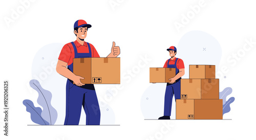 Delivery man in uniform holding a cardboard box and giving a thumbs up, with another view of him carrying packages for shipment service.
