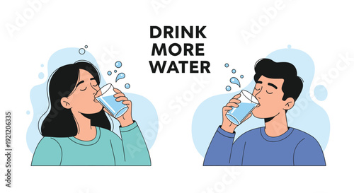 Man and woman drinking glasses of fresh water with the reminder to "Drink More Water" to promote daily hydration and good health.