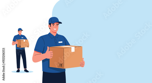 Delivery service banner with a friendly courier in a blue uniform holding a package and giving a thumbs up, with ample copy space.