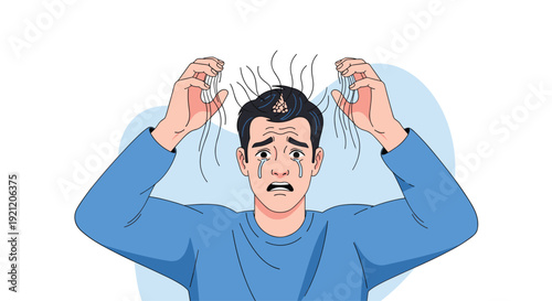Stressed and anxious man crying and pulling his hair out, an illustration representing the problem of hair loss, alopecia, or anxiety.