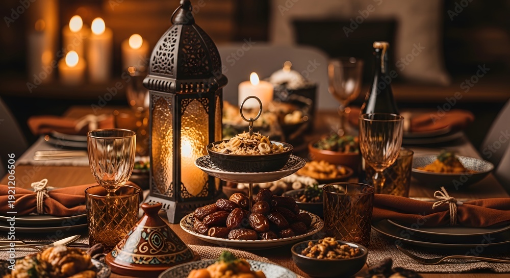 Fototapeta premium A warmly lit dining table set for a festive meal with various dishes and decorations