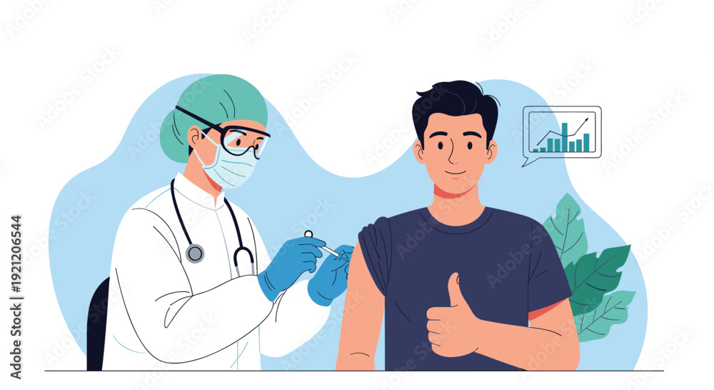 Fototapeta premium A man giving a thumbs up after receiving a vaccine from a doctor in protective gear, with a rising graph showing positive results.