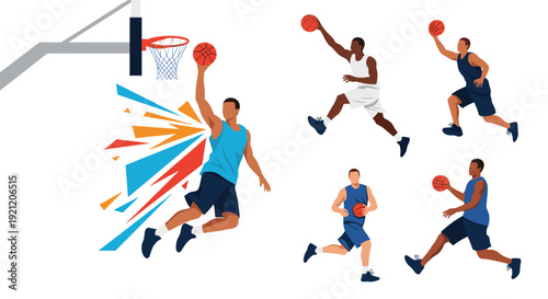 Set of basketball player silhouettes in various dynamic poses, including dribbling, shooting, and slam dunking the ball.