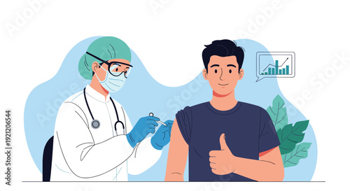 A man giving a thumbs up after receiving a vaccine from a doctor in protective gear, with a rising graph showing positive results.