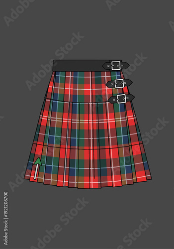 Classic Scottish Kilt Garment Technical Flat Sketch Vector Tartan Plaid Pattern