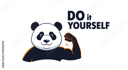 A strong panda flexing its bicep with the motivational phrase "Do it yourself," a funny and inspiring mascot logo for DIY projects.