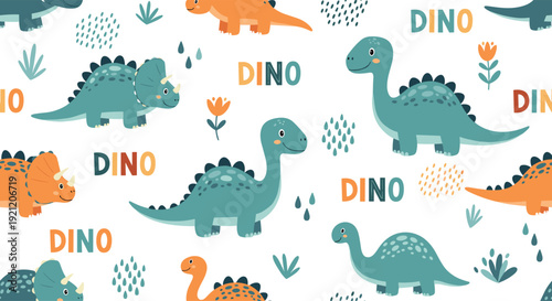 A fun and seamless pattern for children featuring cute colorful dinosaurs, plants, and the word "DINO" on a white background.