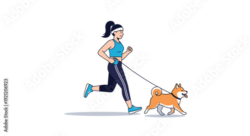 Young athletic woman in sportswear jogging with her cute shiba inu dog on a leash against a clean white background illustration.