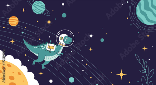 Cute cartoon dinosaur in an astronaut suit with a jetpack flying through outer space among planets, stars, and cosmic elements.