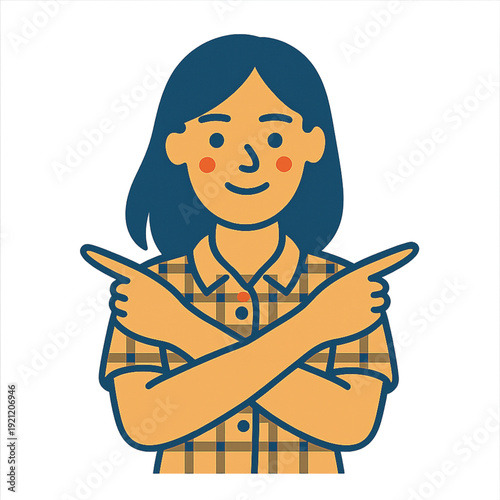 Colorful neon vector icon of a smiling young adult woman pointing to both left and right directions simultaneously, symbolizing choice, options, decisions, or dilemma