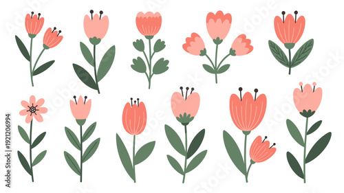 A delightful collection of charming pink and coral flowers with green stems and leaves, perfect for spring and summer designs.