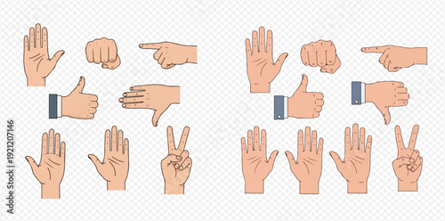 A diverse collection of illustrated human hand gestures and signs for communication.