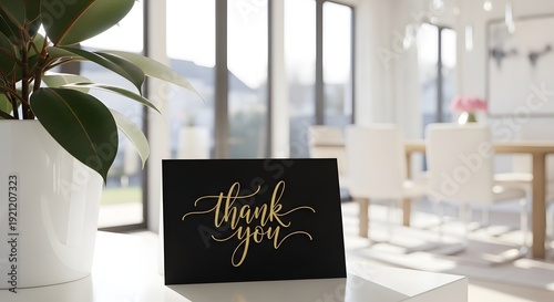A black thank you card with gold writing on a white table in a bright room