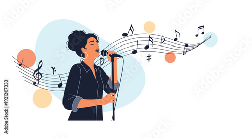 Female singer passionately performing a song into a microphone, with a staff of musical notes flowing around her on an abstract background.