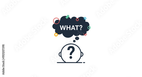 Minimalist icon of a human head with a question mark, thinking 'What?' in a speech bubble, representing confusion and curiosity.