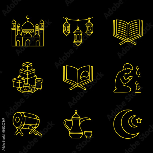 Set of Golden Ramadan Line Icons for Islamic Festival Design Elements