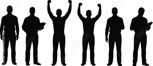 Businessmen and workers silhouettes set, standing male professionals with clipboard isolated on white background vector illustration