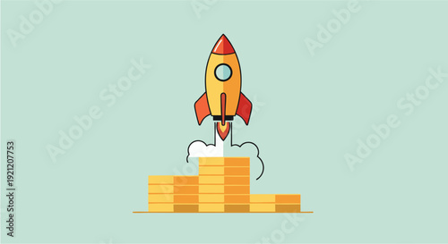 Rocket launching from stacks of coins symbolizing financial growth and successful business startup and investment strategies