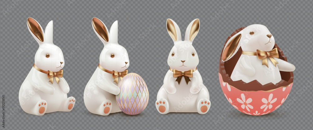 Fototapeta premium Cute Easter Bunny with Decorative Floral Egg Shell Isolated on Transparent Background 3D Illustration