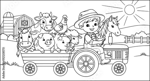 Vintage vector illustration of a cartoon horse pulling an antique carriage with old wheels designed as a retro transportation coloring page for kids