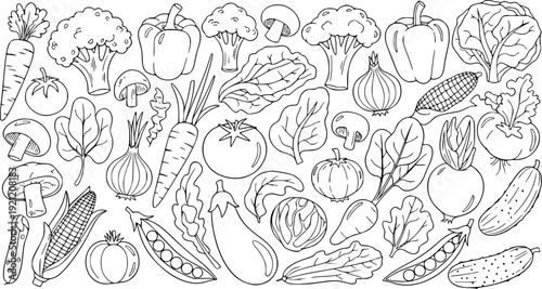 Vintage hand drawn seamless pattern featuring a set of vector sketches with flowers, fruit, and vegetables like apple, tomato, and corn in a doodle illustration background