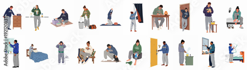 Illustrations depicting the diverse daily routines of young adults at home, showcasing activities from morning wake-up and wellness to studying, chores, and relaxation.