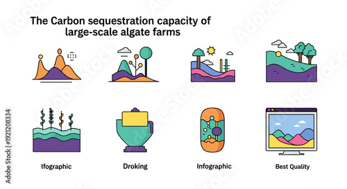 A vibrant infographic illustrating the carbon sequestration capacity of large-scale algate farms with various environmental and technological elements.