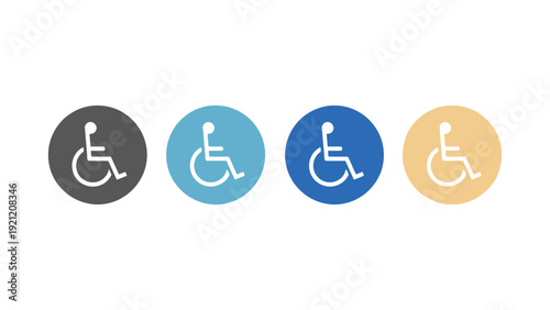 modern wheelchair accessibility icons universal design symbols on round buttons promoting inclusive mobility in public spaces.