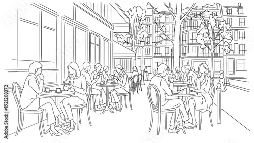 monochrome line art illustration of people relaxing at an outdoor french cafe enjoying coffee and conversations depicting urban leisure.